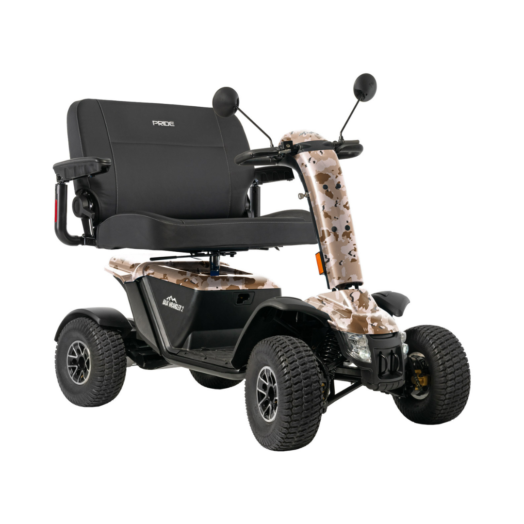 The Pride Baja® Wrangler® 2 Heavy Duty Outdoor Scooter features four wheels, a wide black seat with armrests, large rugged tires, mirrors, and a camouflage-patterned front panel for all-terrain use.